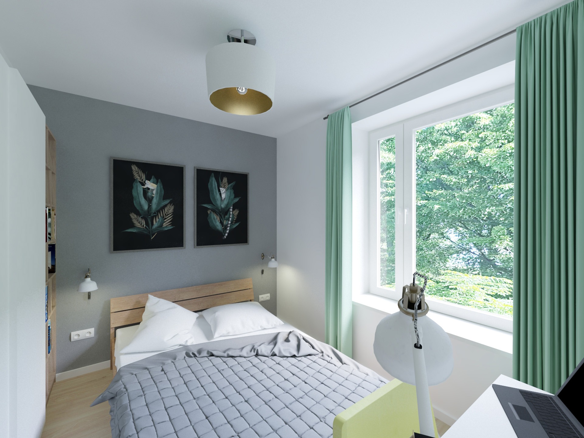 Wizualizacja sypialni z łóżkiem z drewnianym zagłówkiem, szarą pikowaną narzutą, białymi poduszkami, lampkami nocnymi, obrazami z motywem roślinnym na szarej ścianie, białym regałem z boku, oknem...