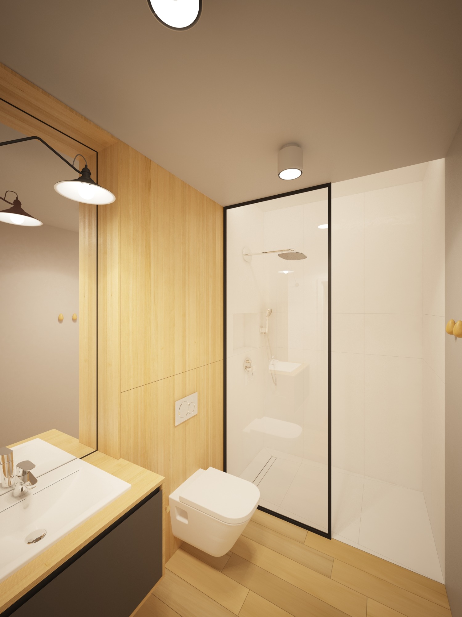 Wizualizacja łazienki z drewnianymi akcentami: drewniana boazeria, podłoga z paneli, umywalka z szarą szafką, wisząca toaleta i kabina prysznicowa z czarną ramą.