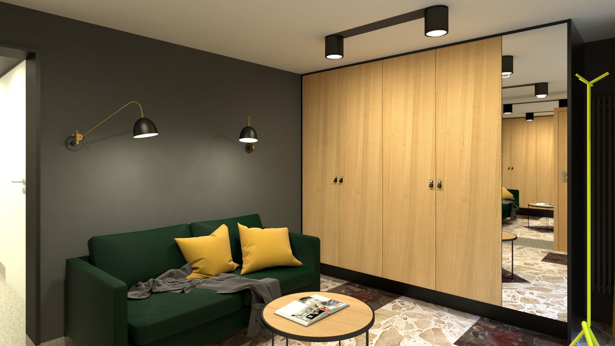 Wizualizacja pokoju dziennego z zieloną sofą, żółtymi poduszkami, okrągłym stolikiem kawowym i dużą szafą z jasnego drewna. Na ścianie zamontowane dwie czarne lampki. W lustrze odbicie dalszej...