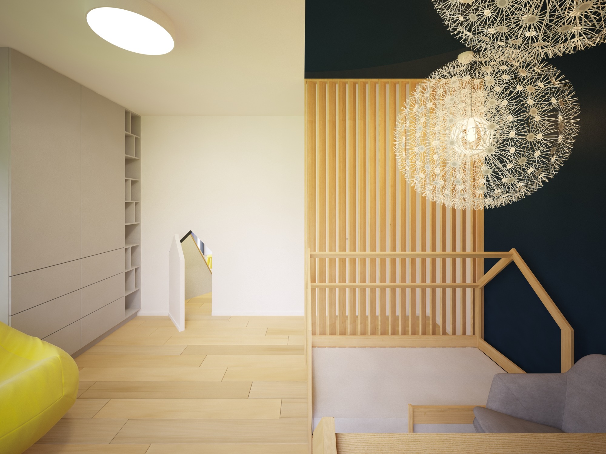 Wizualizacja pokoju dziecięcego z drewnianym łóżkiem z barierkami, szarą sofą, lampami w kształcie dmuchawców i szafą w zabudowie z ukrytym wejściem do bawialni.