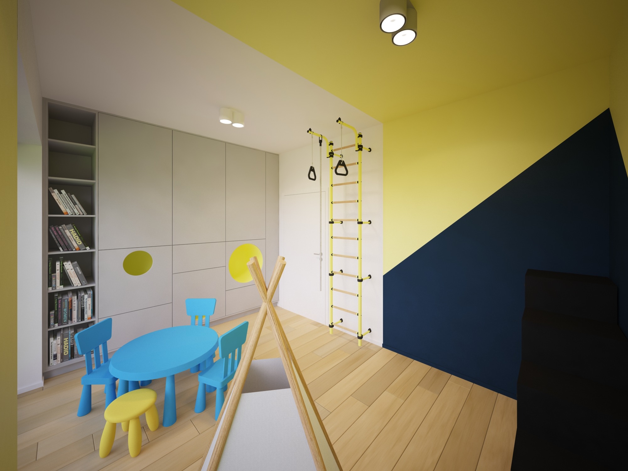 Wnętrze pokoju dziecięcego z drewnianą podłogą, jasnymi ścianami z żółto-granatowym akcentem, meblami w pastelowych kolorach, drabinką gimnastyczną i tipi.
