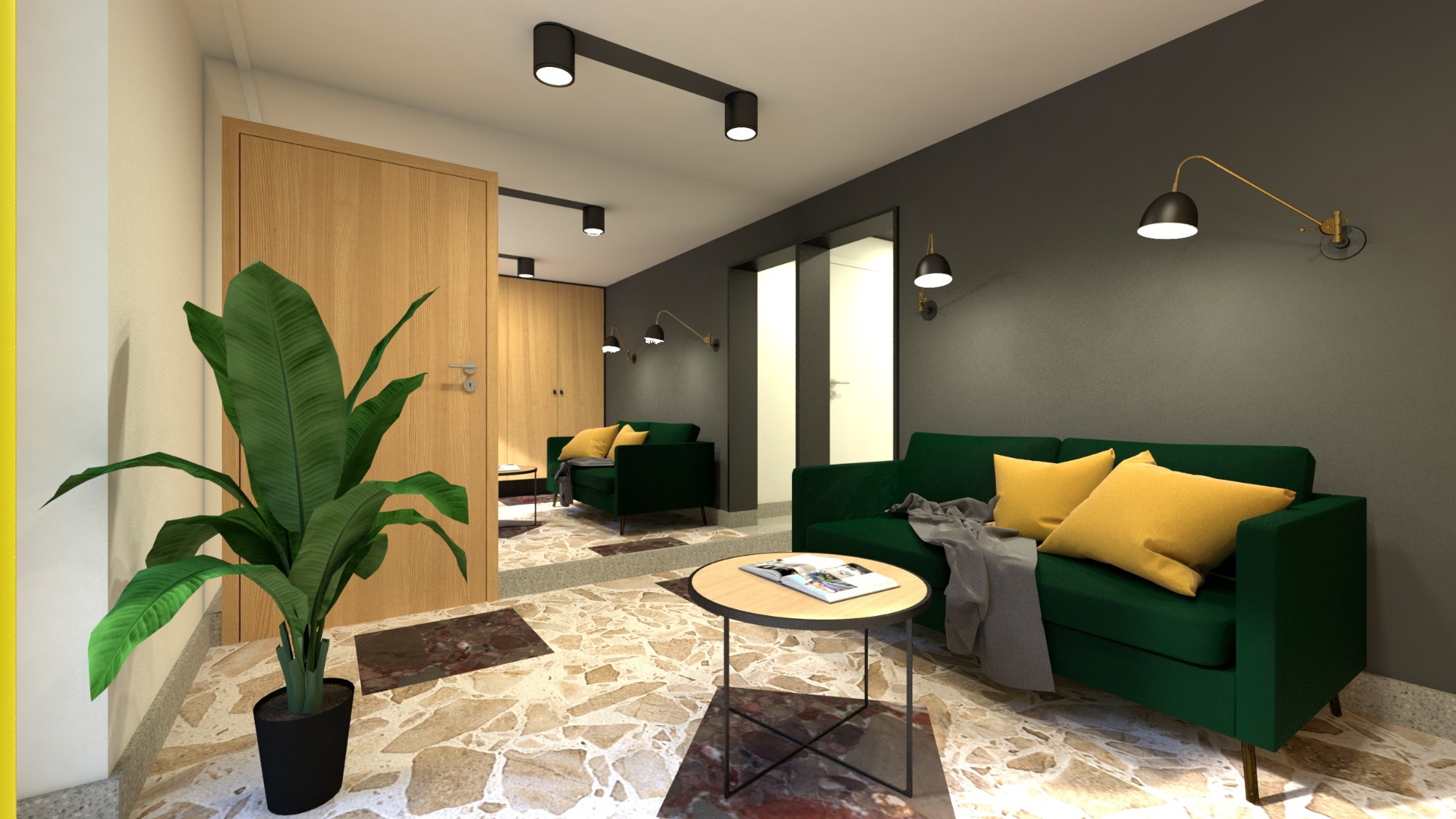 Wizualizacja salonu z zieloną sofą, żółtymi poduszkami i stolikiem kawowym z gazetami, odbicie lustrzane powiela przestrzeń.
