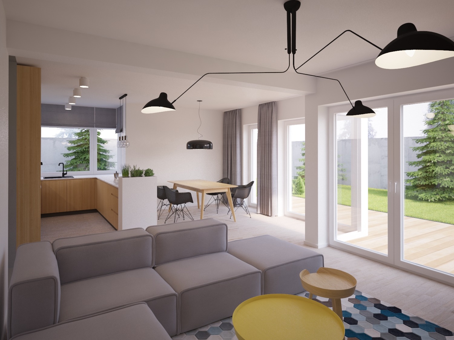 Wizualizacja wnętrza: szara sofa modułowa, drewniany stół z krzesłami, żółte stoliki kawowe na tle wzorzystego dywanu, kuchnia w tle, oświetlenie sufitowe w stylu industrialnym, duże okna...