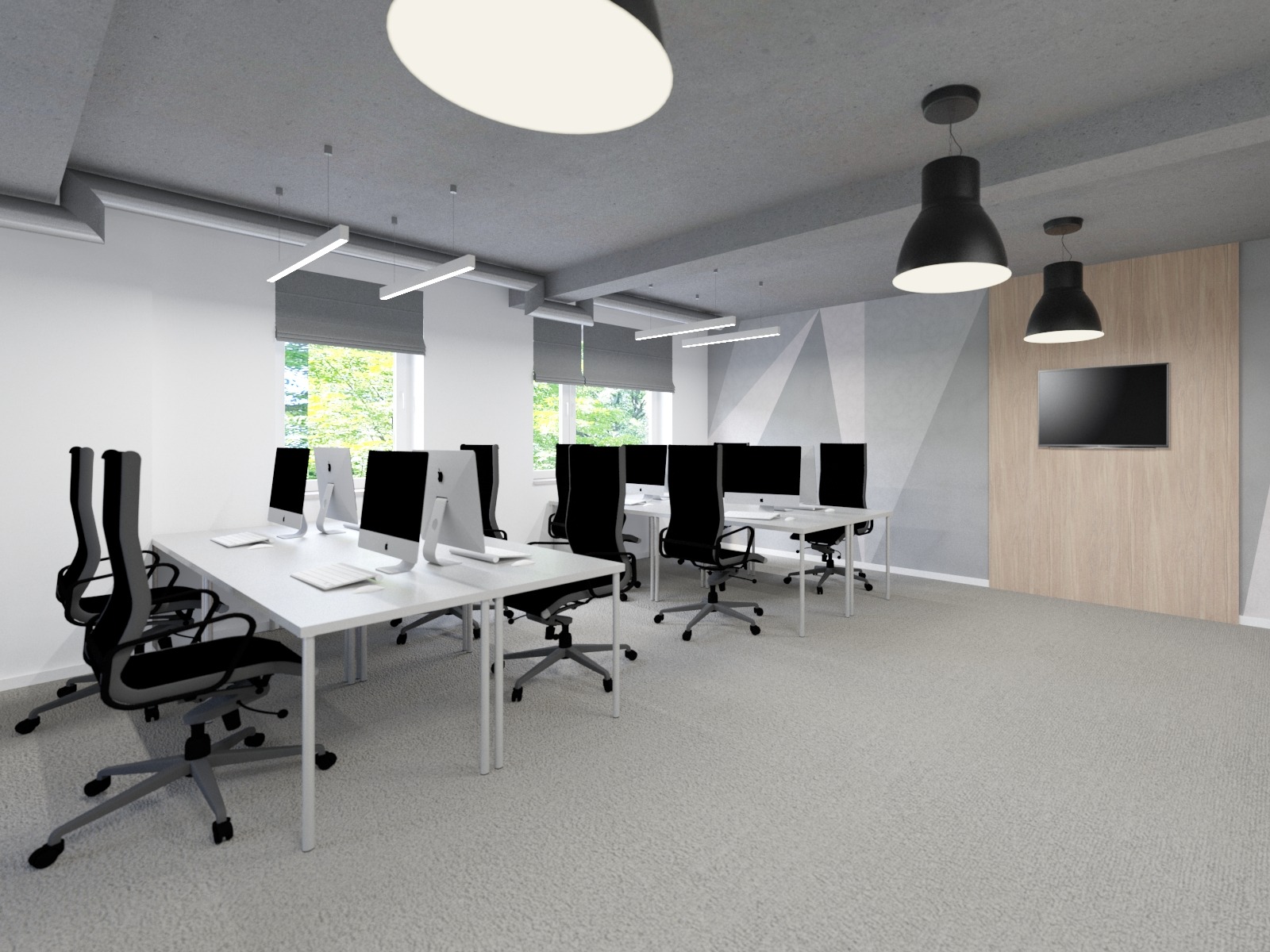 Nowoczesne biuro z białymi biurkami, czarnymi krzesłami obrotowymi i komputerami iMac, oświetlone lampami wiszącymi i światłem dziennym z okien z szarymi roletami, na ścianie dekoracja geometryczna...