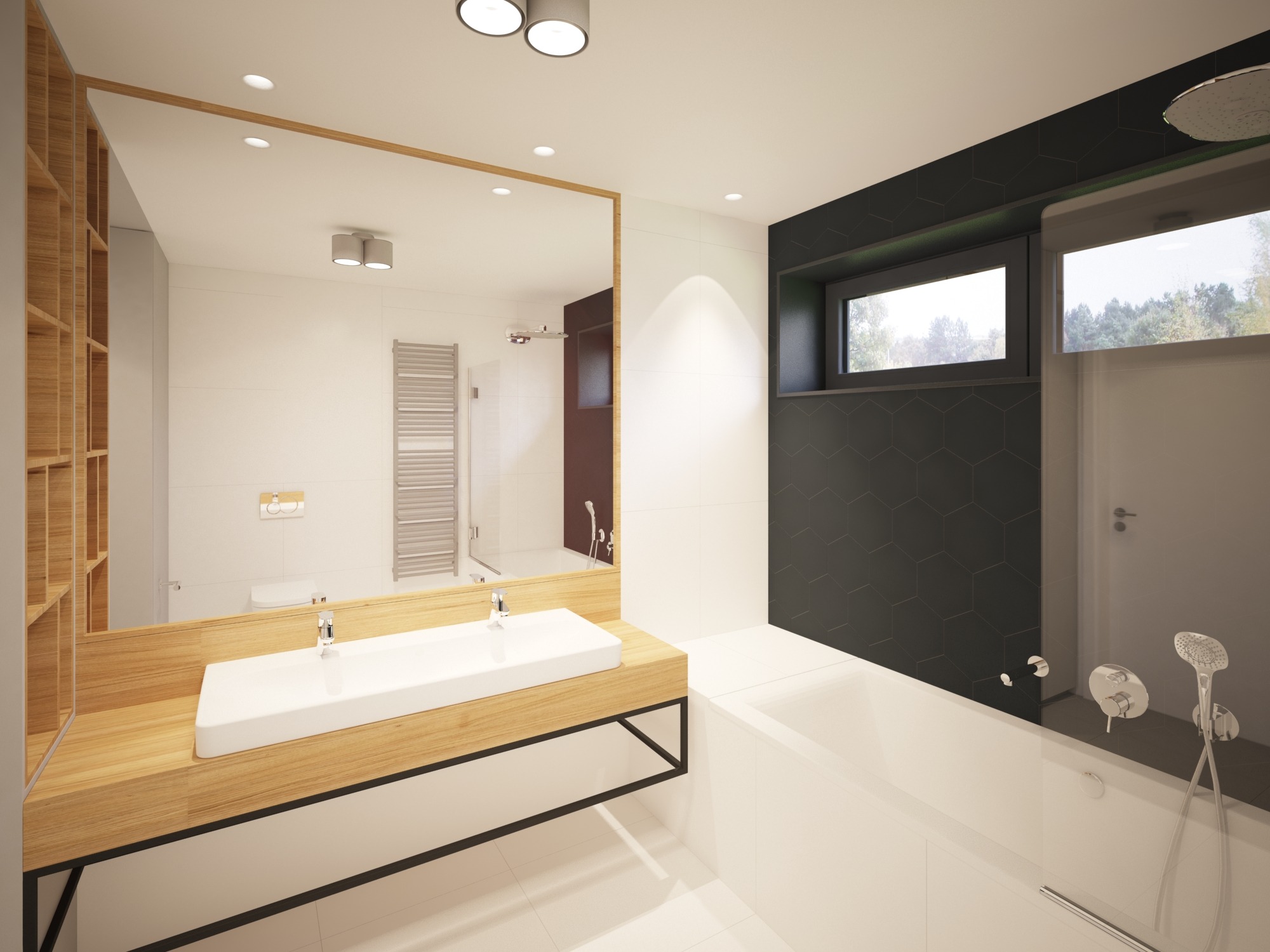 Wizualizacja nowoczesnej łazienki z drewnianym blatem pod umywalką, heksagonalnymi płytkami na ścianie i kabiną prysznicową typu walk-in.