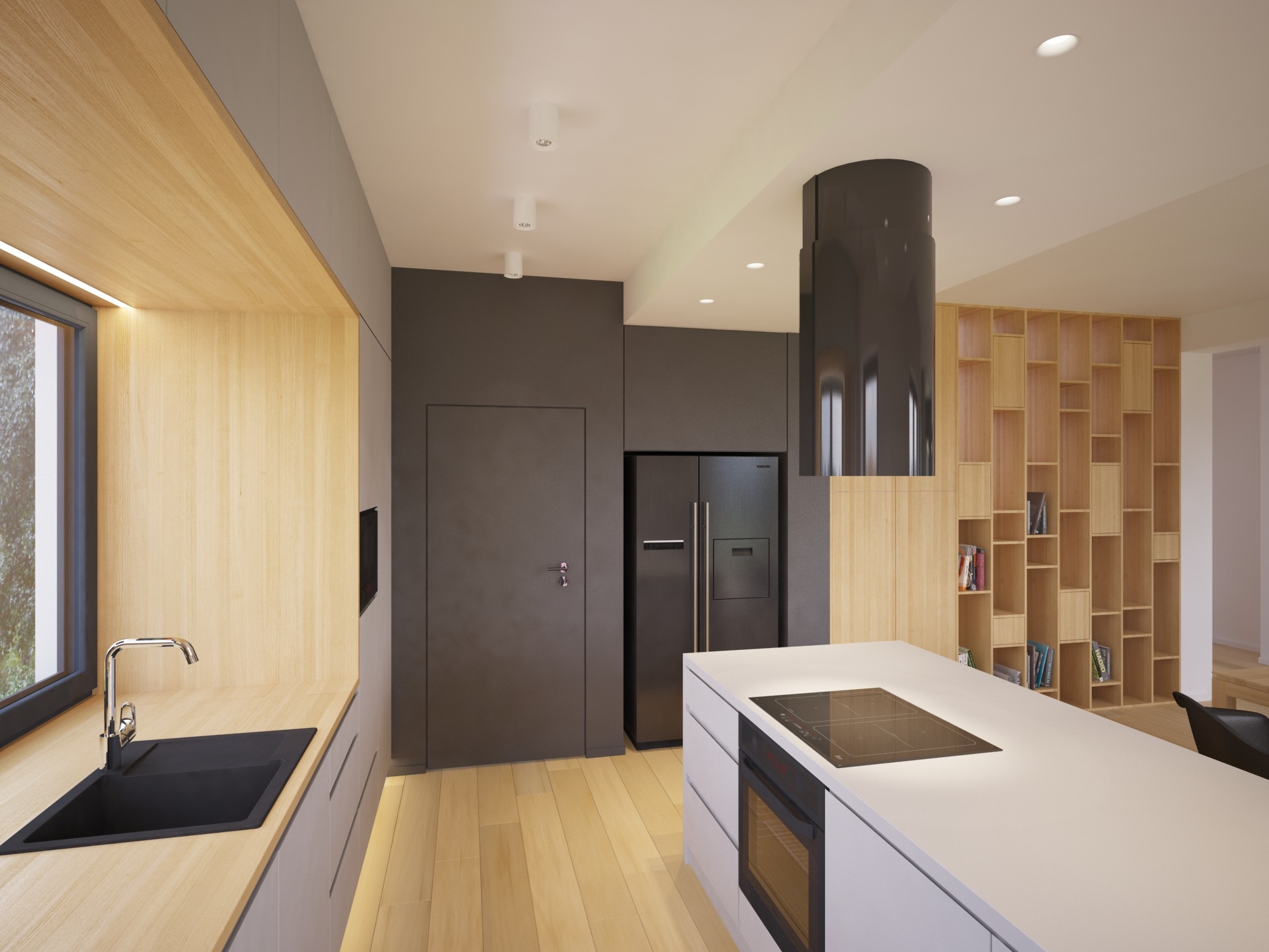 Nowoczesna kuchnia z drewnianymi akcentami, czarnym zlewem i okapem cylindrycznym, oświetlona punktowymi lampami sufitowymi, z wyspą kuchenną i regałem na książki w tle.