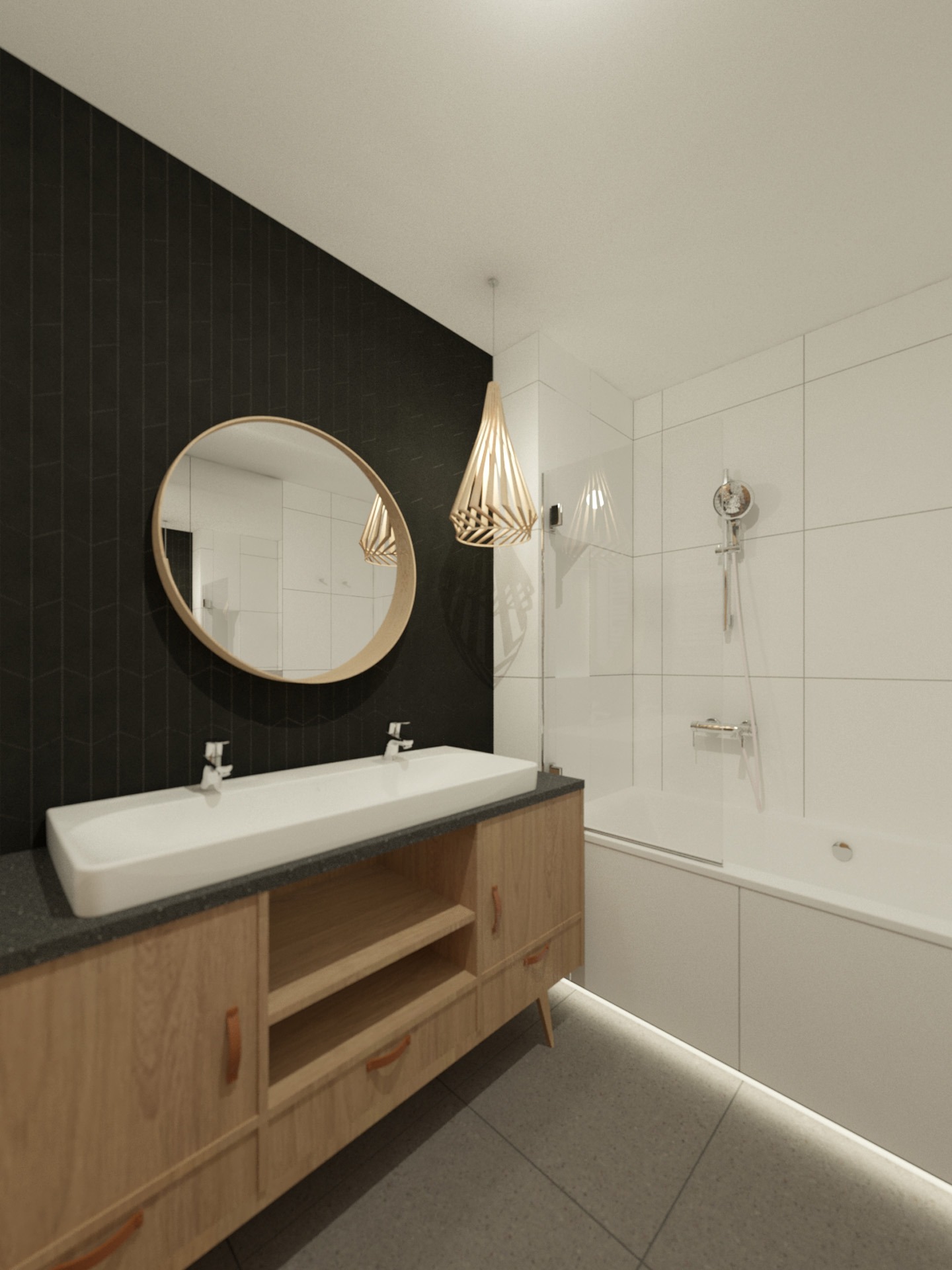 Nowoczesna łazienka z czarną ścianą z płytek, owalnym lustrem w drewnianej ramie, podwójną białą umywalką na szafce z jasnego drewna, wiszącą lampą z drewnianych elementów i wanną z prysznicem za...