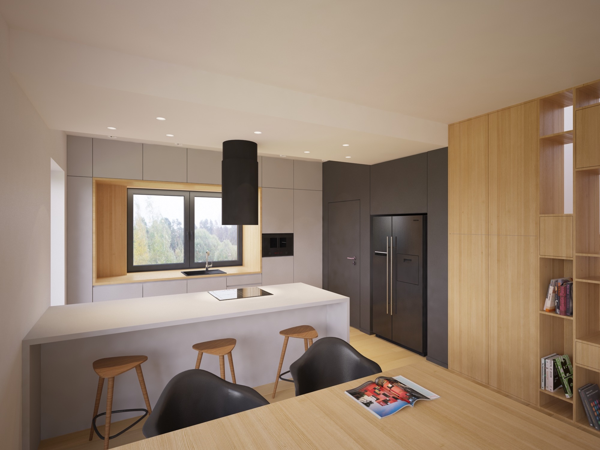Wizualizacja nowoczesnej kuchni z wyspą, drewnianymi stołkami barowymi i czarnym okapem cylindrycznym, minimalistyczne szafki w odcieniach szarości, drewniana zabudowa ściany z regałami.