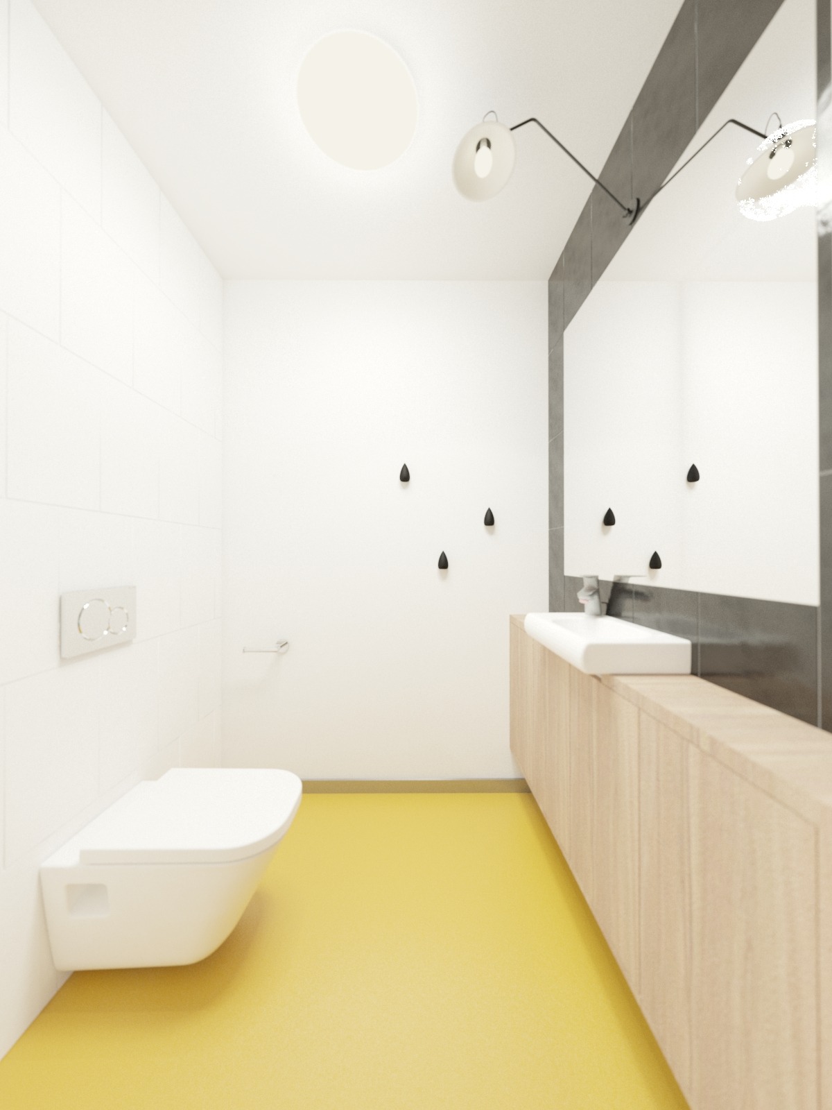 Minimalistyczna łazienka z żółtą podłogą, białymi płytkami ściennymi, wiszącą toaletą, umywalką nablatową na drewnianej szafce i czarnymi dekoracjami w kształcie kropli na ścianie.