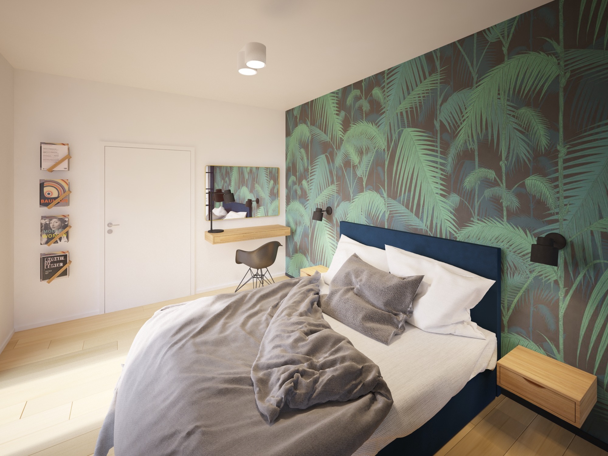 Wizualizacja sypialni z łóżkiem w niebieskiej ramie, szarą narzutą, tapetą w liście palmowe, biurkiem z krzesłem i wiszącymi półkami na książki.