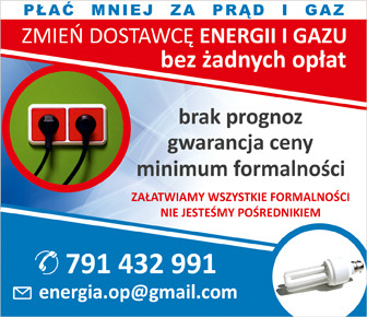 Reklama zmiany dostawcy energii i gazu z gniazdkiem elektrycznym i żarówką energooszczędną, oferująca brak prognoz cen, gwarancję ceny i minimum formalności.