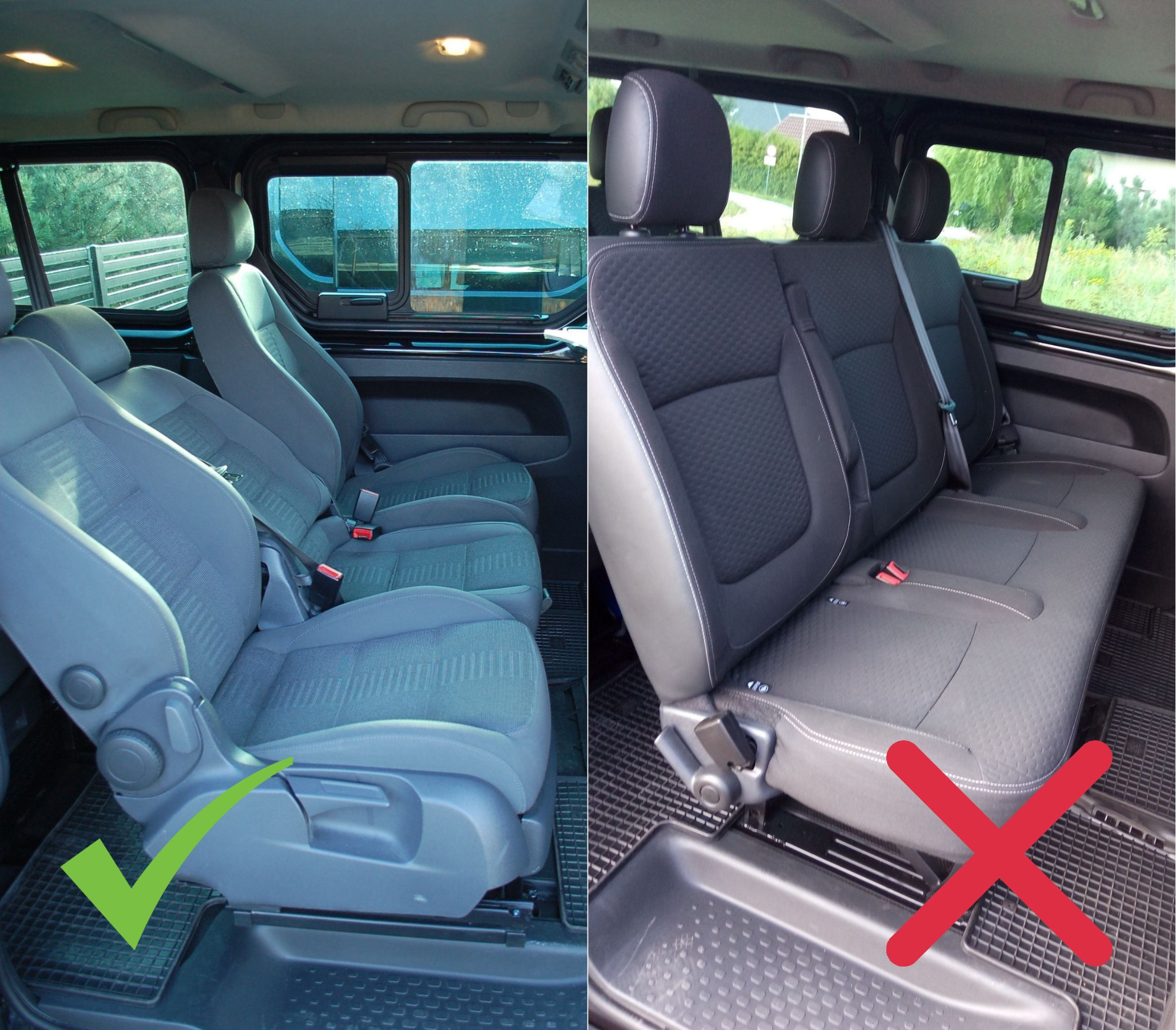 Porównanie wnętrza busa: po lewej stronie jasnoszare fotele z zielonym symbolem akceptacji, po prawej ciemnoszare fotele z czerwonym symbolem odrzucenia.