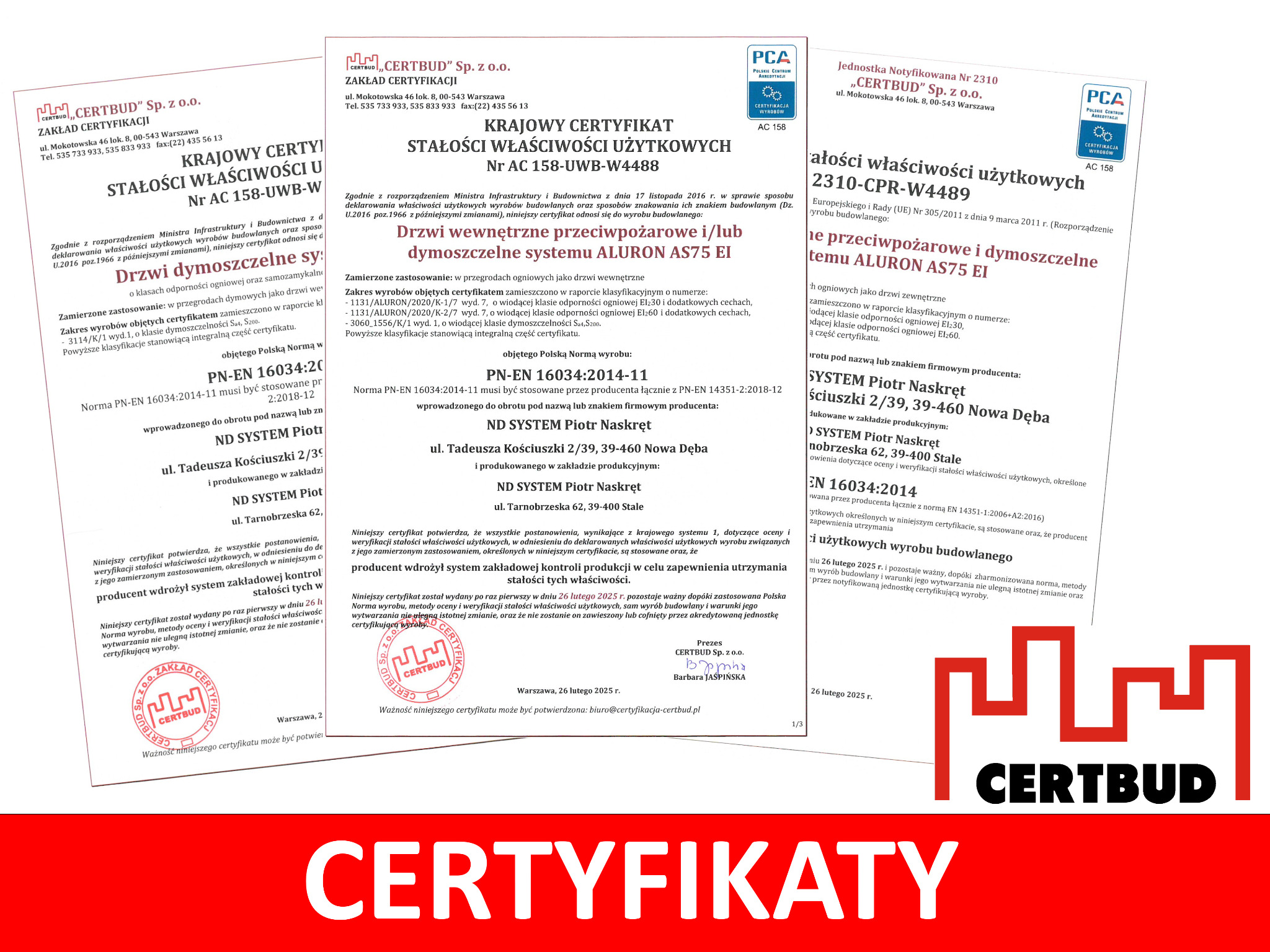 Skan certyfikatu stałości właściwości użytkowych dla drzwi przeciwpożarowych systemu Aluron AS75 EI, wydanego przez CERTBUD Sp. z o.o., z datą 26 lutego 2025.