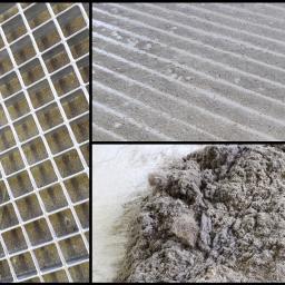 Czysta Pasja - Montaż zdjęć prezentujący etapy czyszczenia dywanu: widok kraty trzepaczki z resztkami dywanu w oczkach, zbliżenie na dywan po trzepaniu z widocznymi liniami po trzepaczce oraz sterta wytrzepanego...