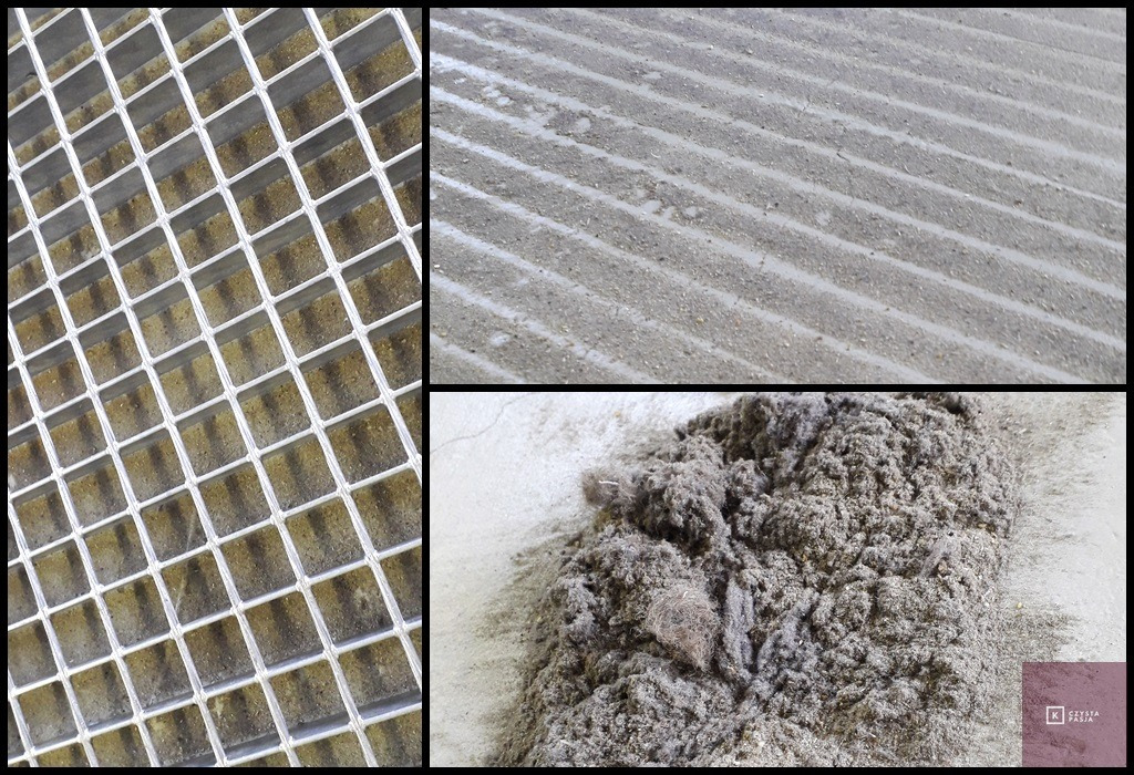 Montaż zdjęć prezentujący etapy czyszczenia dywanu: widok kraty trzepaczki z resztkami dywanu w oczkach, zbliżenie na dywan po trzepaniu z widocznymi liniami po trzepaczce oraz sterta wytrzepanego...