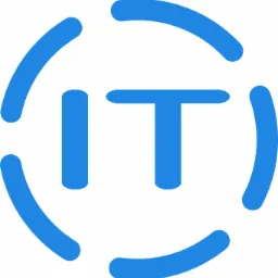 Niebieskie logo IT w okręgu złożonym z zaokrąglonych fragmentów.