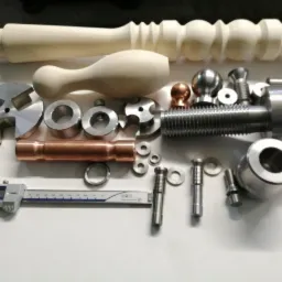 Zestaw obrobionych element&oacute;w z drewna i metalu, w tym gwintowany wałek, tuleje i drewniane formy, ułożonych obok suwmiarki na białym tle.