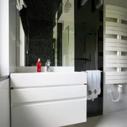 Nowoczesna łazienka w czerni i bieli: biała umywalka z szafką, czarny panel szklany, grzejnik drabinkowy, czarna mozaika na suficie i kabina prysznicowa w tle.