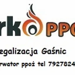 Logo firmy z płomieniem w nazwie, oferującej legalizację gaśnic i usługi konserwatora z numerem telefonu.