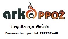 Logo firmy z płomieniem w nazwie, oferującej legalizację gaśnic i usługi konserwatora z numerem telefonu.