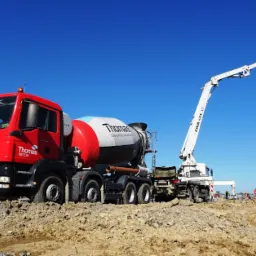 Czerwona betonomieszarka z wysięgnikiem pompuje mieszankę do szalunku na budowie w słoneczny dzień.