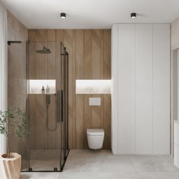 KUL projekt Urszula Kulig - Nowoczesna łazienka z kabiną prysznicową typu walk-in, drewnianą ścianą z subtelnym wzorem chevron, białymi szafkami w zabudowie, wiszącą toaletą i umywalką nablatową o owalnym kształcie...