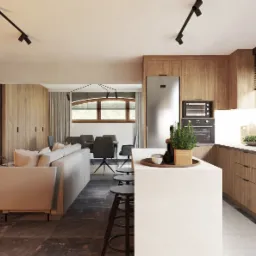 Wnętrze otwartej przestrzeni: salon z szarą sofą i telewizorem na tle ściany z motywem górskim łączy się z jadalnią z szarymi krzesłami i kuchnią z drewnianymi szafkami, białym blatem i stalową...