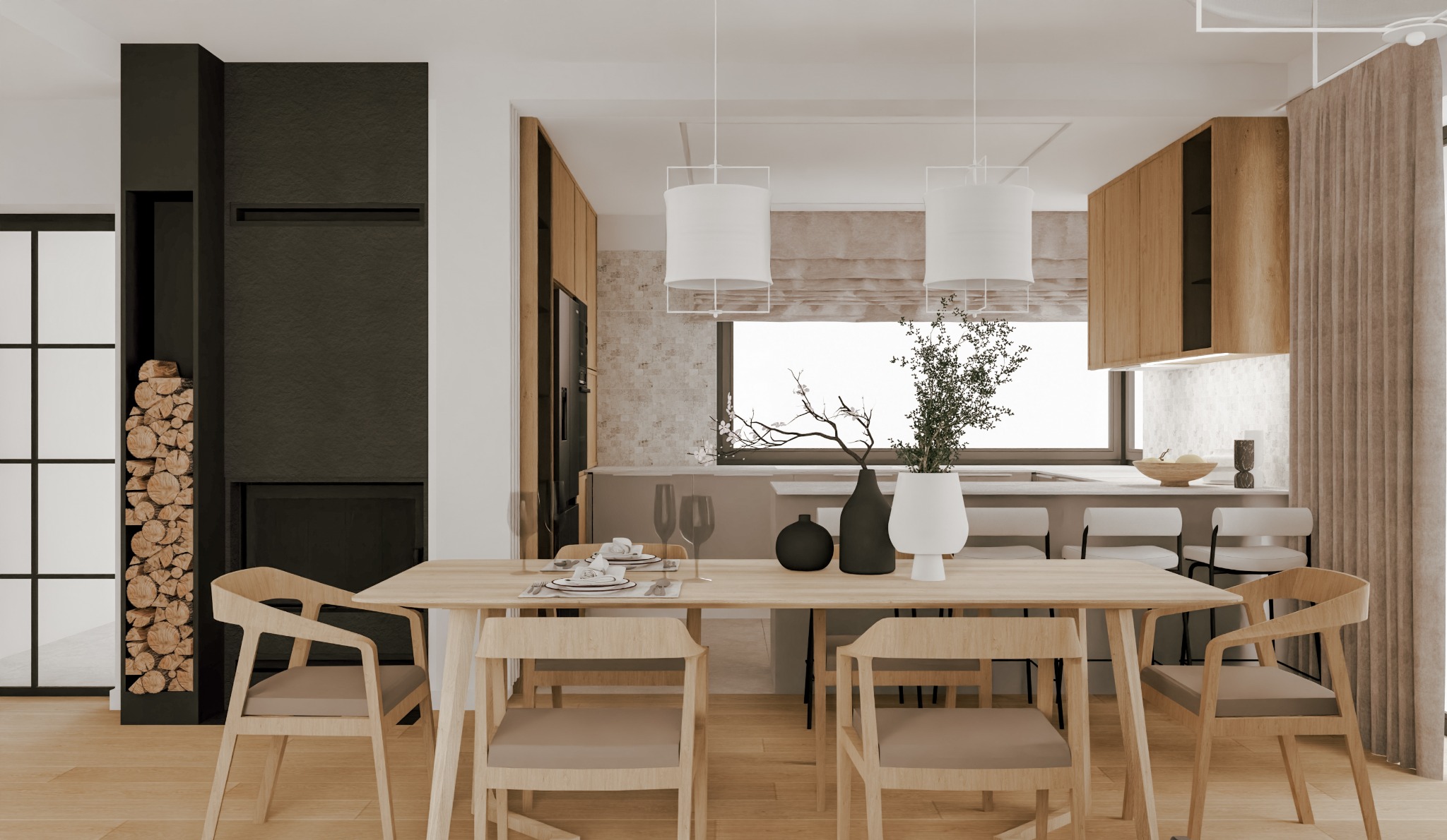 Jasne drewniane krzesła i stół w nowoczesnej jadalni z kominkiem obłożonym czarnym kamieniem i ułożonym drewnem, widok na kuchnię z wyspą i wiszącymi lampami.