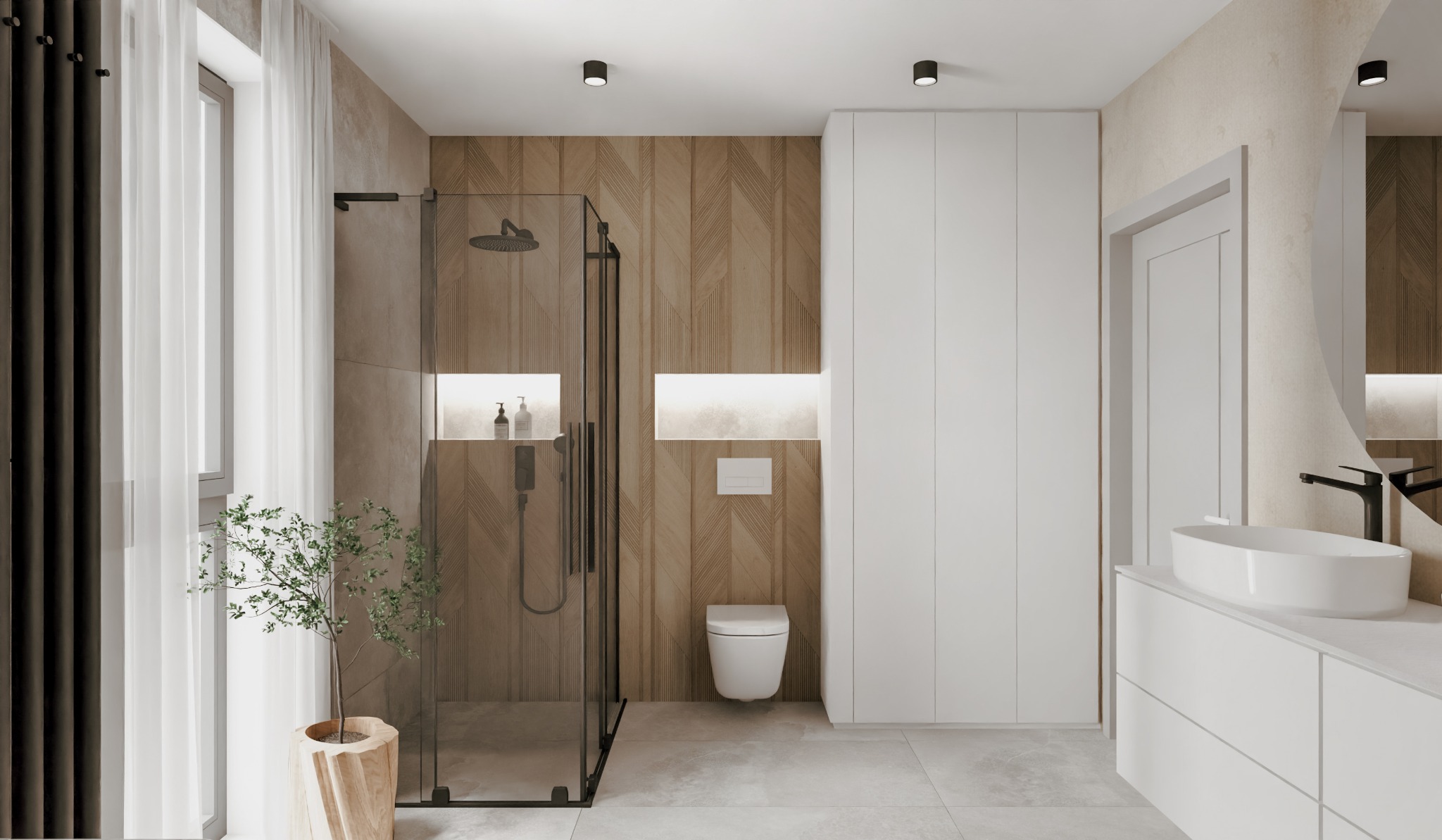 Nowoczesna łazienka z kabiną prysznicową typu walk-in, drewnianą ścianą z subtelnym wzorem chevron, białymi szafkami w zabudowie, wiszącą toaletą i umywalką nablatową o owalnym kształcie...