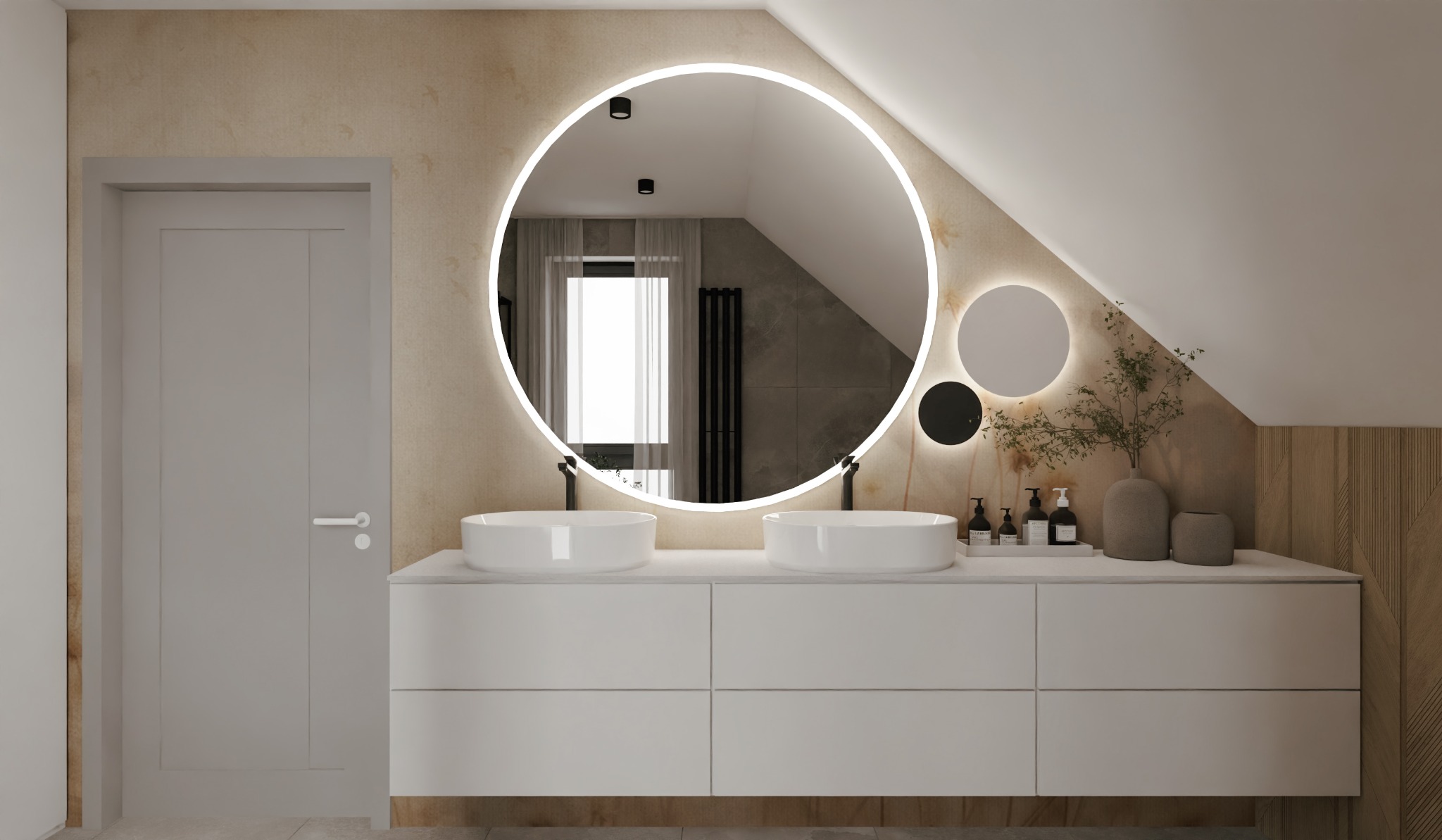 Nowoczesna łazienka na poddaszu z dwiema białymi umywalkami nablatowymi, okrągłym lustrem podświetlanym LED, i minimalistyczną armaturą w kolorze czarnym, uzupełniona o dyskretną dekorację...