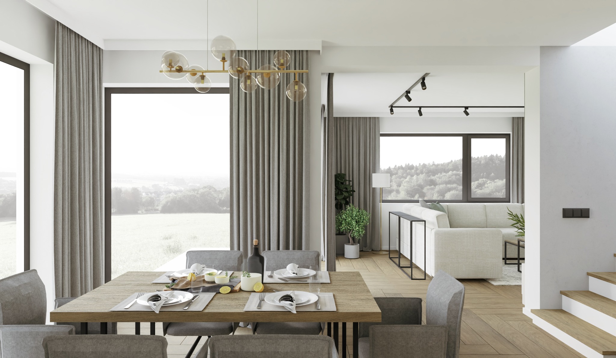 Jasne, przestronne wnętrze jadalni z drewnianym stołem nakrytym do posiłku, szarymi krzesłami i dużymi oknami z widokiem na krajobraz. Nad stołem designerska lampa z szklanymi kloszami. W tle salon...