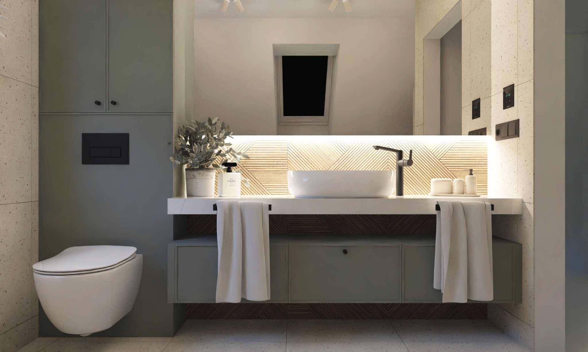 Nowoczesna łazienka w odcieniach szarości z wiszącą toaletą, umywalką nablatową i podświetlanym lustrem, akcentowana drewnianym wzorem w jodełkę na ścianie za umywalką i na szafce pod umywalką.