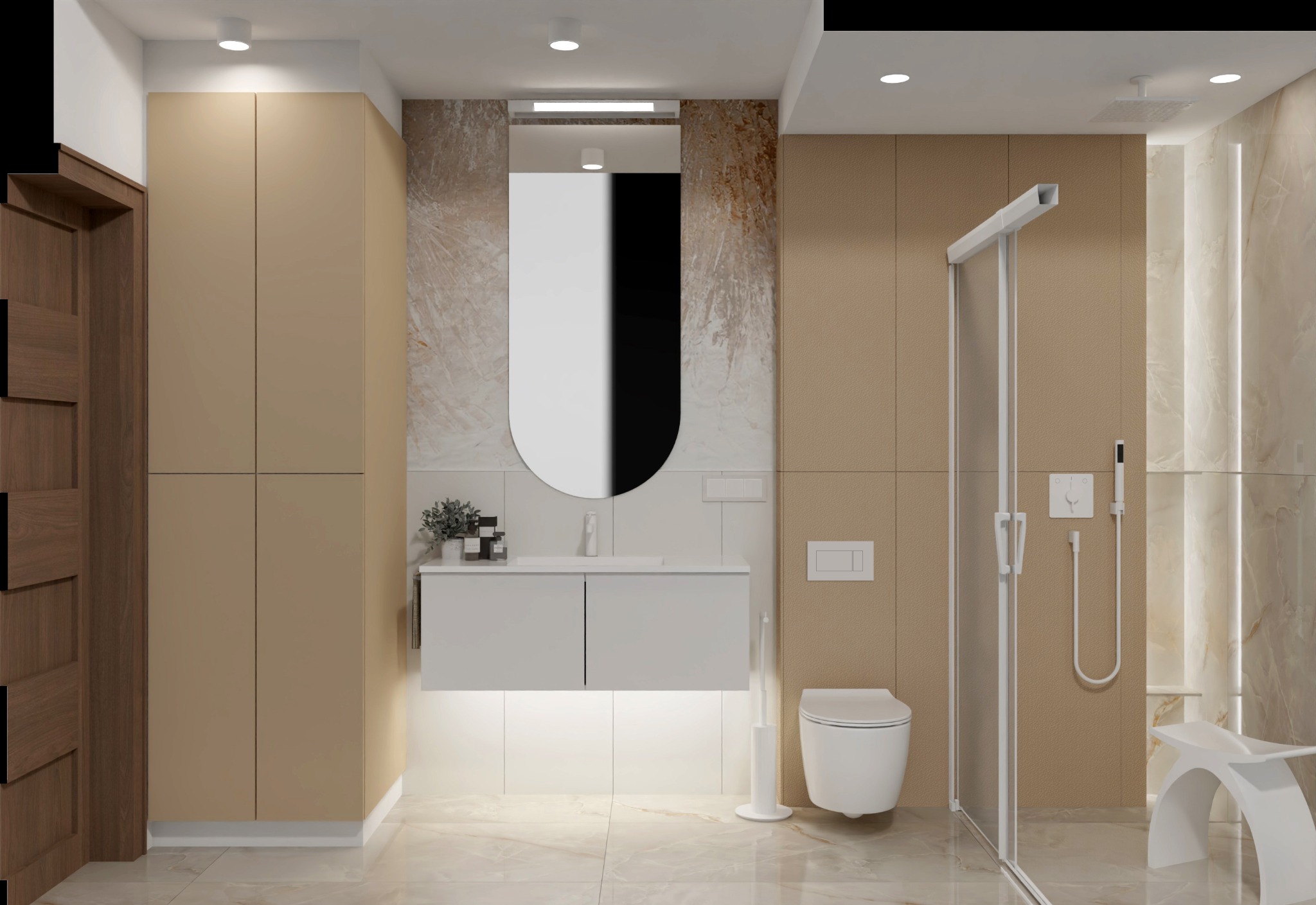 Nowoczesna łazienka z beżowymi płytkami, podświetlaną szafką pod umywalką, owalnym lustrem z czarno-białym podziałem, kabiną prysznicową ze szklanymi drzwiami i designerskim siedziskiem.