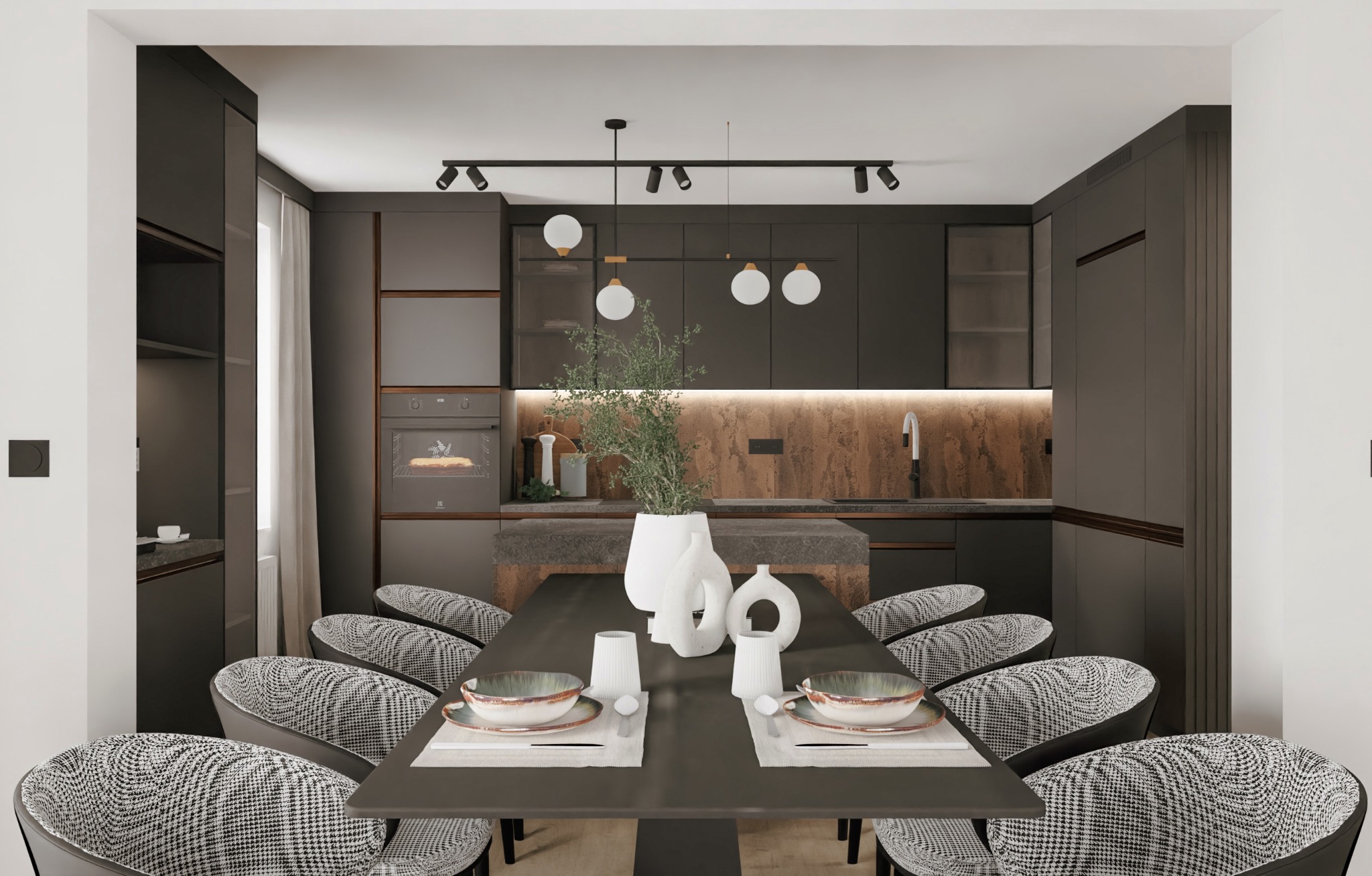 Nowoczesna kuchnia z ciemnymi, matowymi szafkami, oświetleniem punktowym i wiszącymi lampami kulami, stół z nakryciem dla dwóch osób i krzesłami w pepitkę.