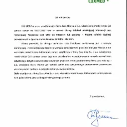 Skan listu referencyjnego od Grupy LUXMED dla firmy Casa Alba Sp. z o.o., właściciela marki ViaVox Call contact center, potwierdzający współpracę w zakresie obsługi infolinii, z widocznym logotypem...