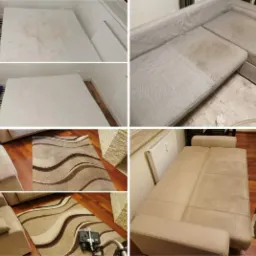 Kolaż zdjęć przedstawiający efekty prania: materac przed i po, fragment szarej kanapy z widoczną różnicą po czyszczeniu, dywan z wzorem w trakcie prania z użyciem odkurzacza piorącego oraz jasna...