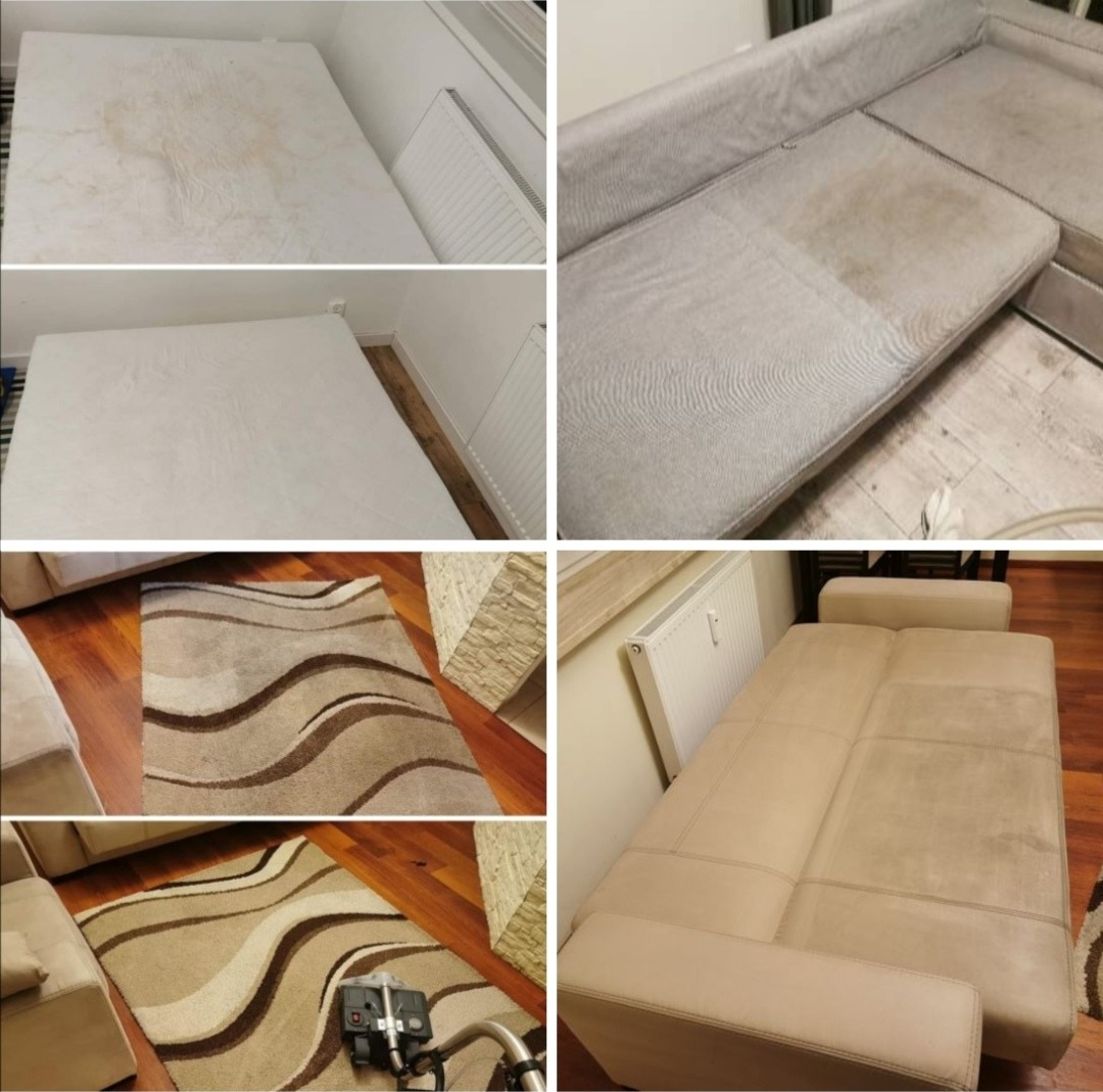 Kolaż zdjęć przedstawiający efekty prania: materac przed i po, fragment szarej kanapy z widoczną różnicą po czyszczeniu, dywan z wzorem w trakcie prania z użyciem odkurzacza piorącego oraz jasna...