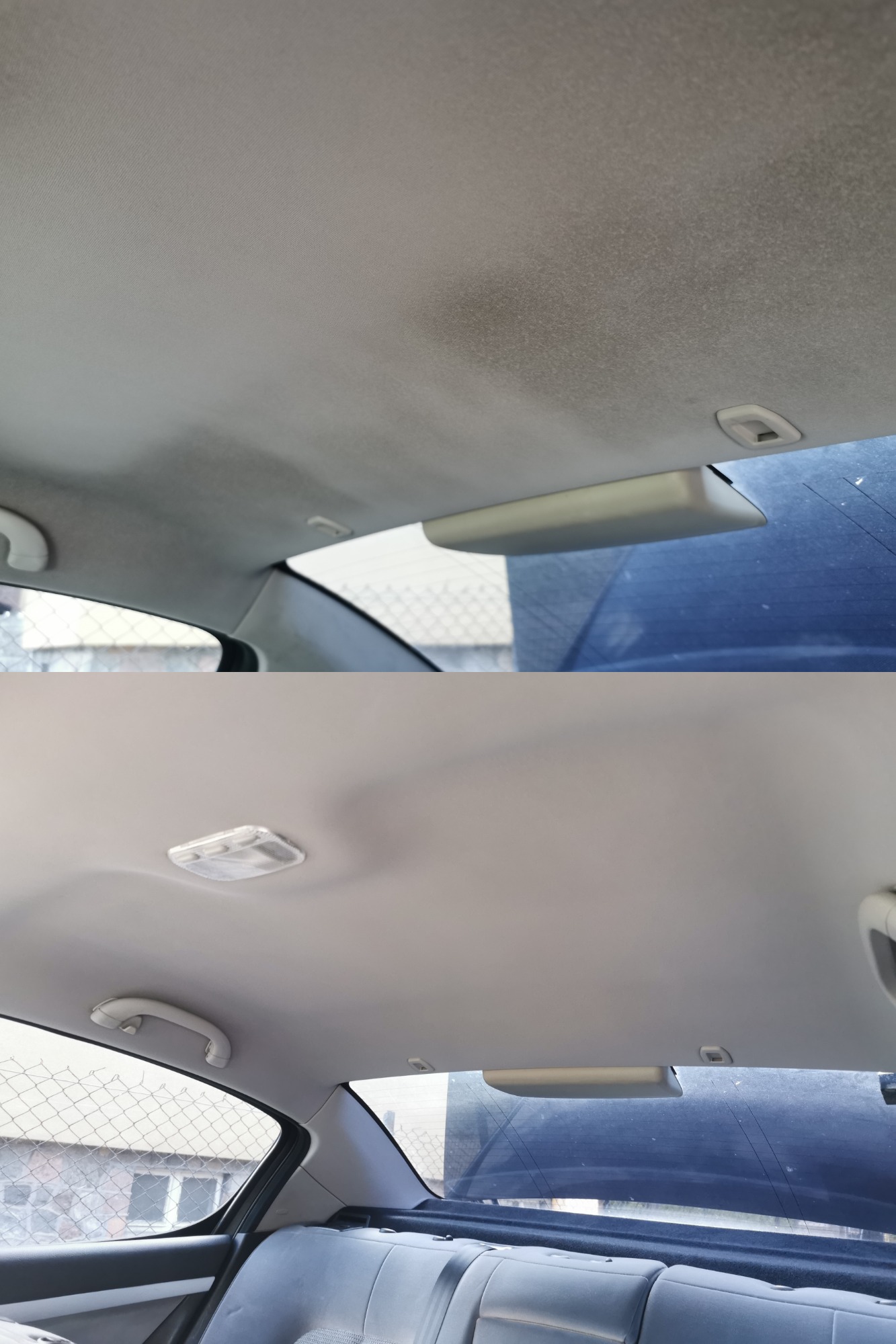 Porównanie podsufitki samochodu przed i po czyszczeniu, widoczne plamy i zabrudzenia na górnej części zdjęcia oraz czysta powierzchnia na dole, z elementami wnętrza pojazdu w tle.