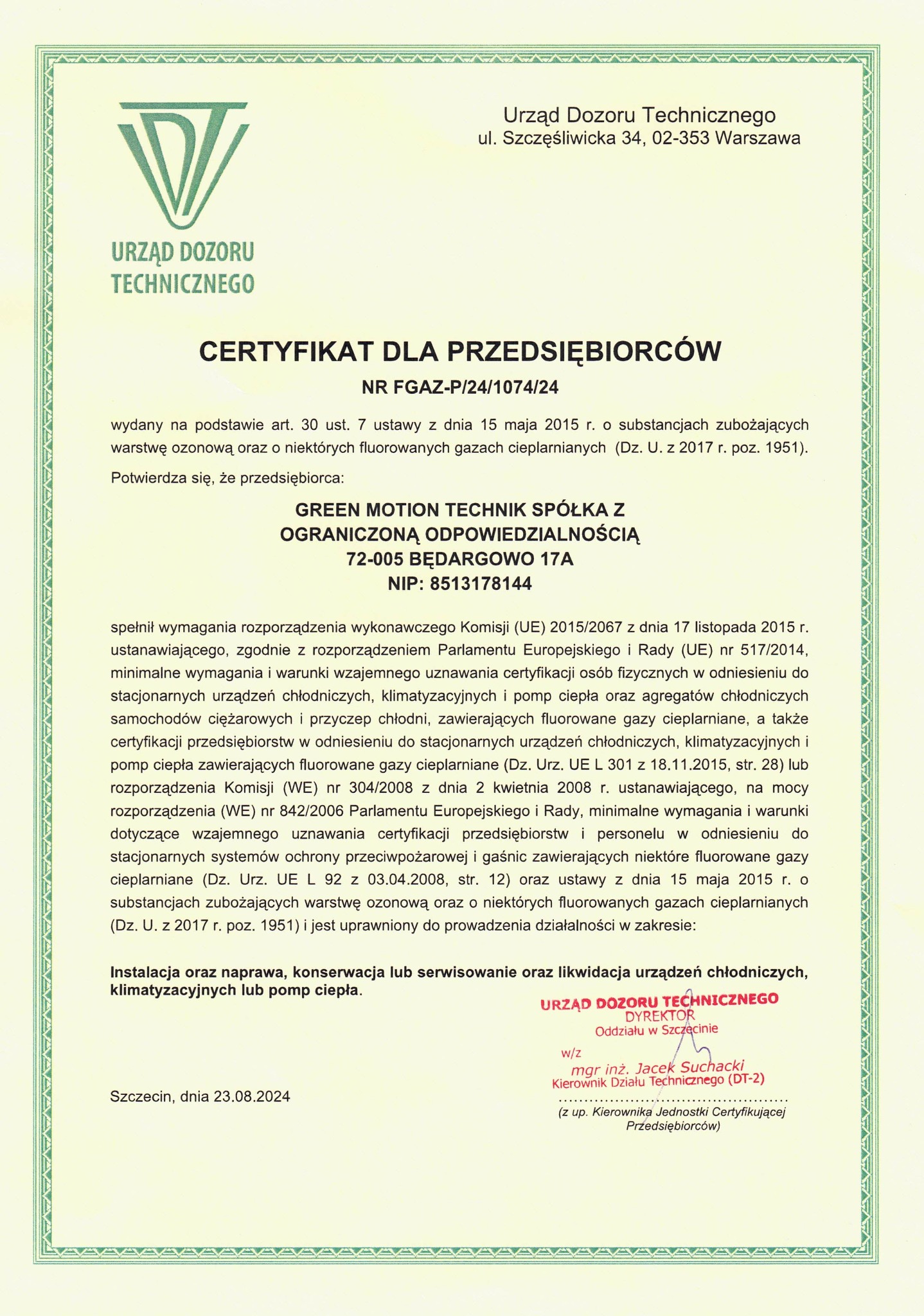 Skan certyfikatu Urzędu Dozoru Technicznego dla przedsiębiorstwa Green Motion Technik Spółka z Ograniczoną Odpowiedzialnością, uprawniającego do instalacji, naprawy, konserwacji lub serwisowania...