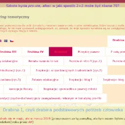 Zrzut ekranu strony internetowej z nagłówkiem 'Szkoła bycia pro-vie' i podtytułem o tematyce content marketingowej, prezentujący listę linków podzielonych na kategorie 'Drabina I-IV', 'Nowości'...