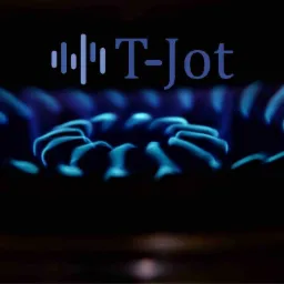 Niebieski płomień palnika gazowego z logo 'T-Jot' w górnej części obrazu.