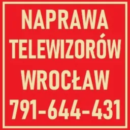 Czerwony szyld reklamowy z beżowym napisem: Naprawa Telewizorów Wrocław i numer telefonu. Minimalistyczny design.