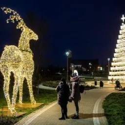 Dwie osoby oglądają iluminacje świąteczne w parku: renifera i choinkę, oba wykonane z lampek, w tle budynek i latarnie.