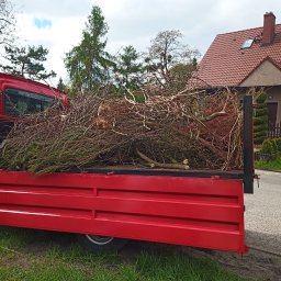 BEST LIFT Marcin Leśniewski - Czerwona ciężarówka z otwartą skrzynią załadowaną gałęziami i ściętymi drzewami na tle domu jednorodzinnego z czerwoną dachówką.