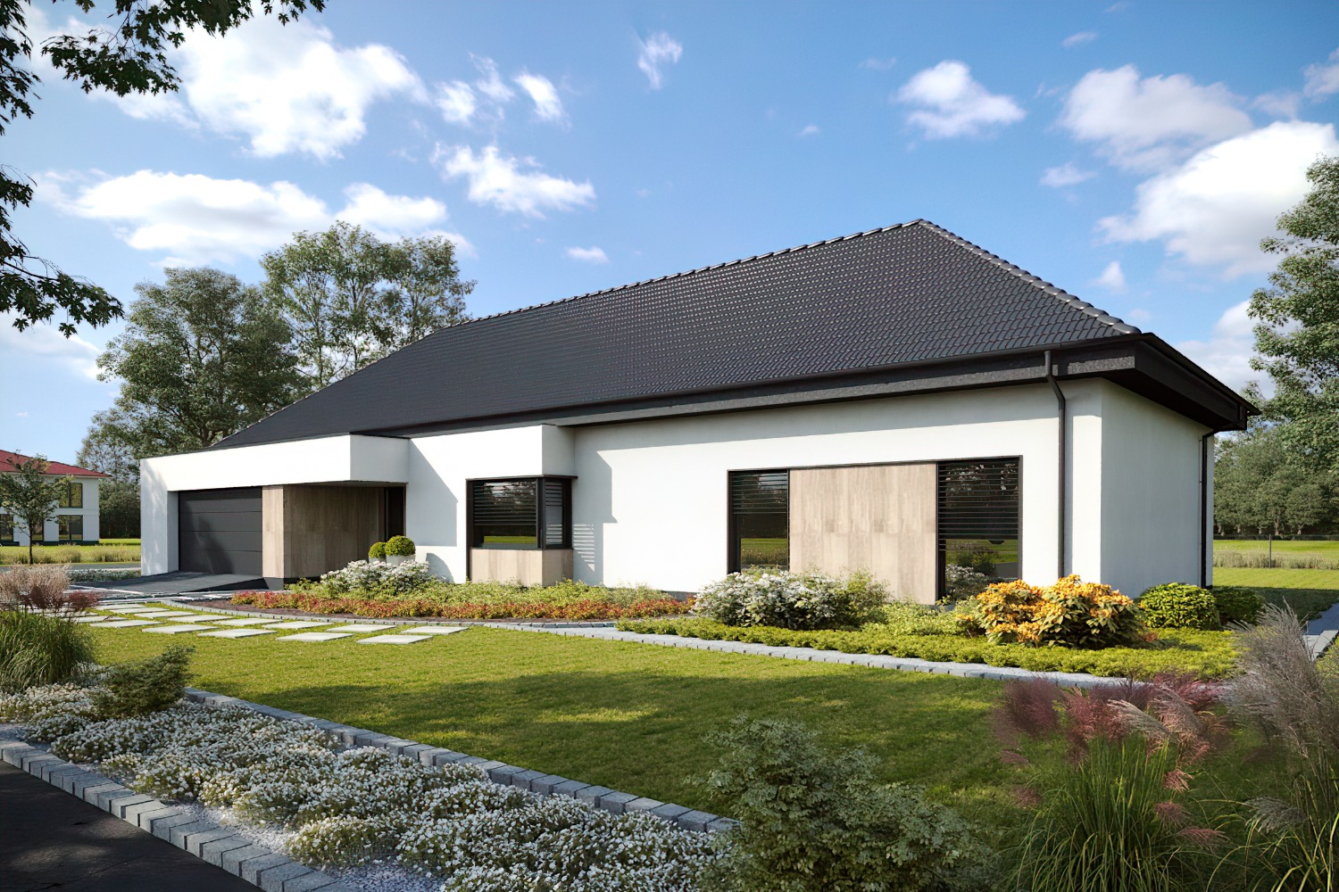 Wizualizacja parterowego domu jednorodzinnego z płaskim dachem, białymi ścianami i elementami z okładziny imitującej drewno, otoczonego zadbanym ogrodem z kwitnącymi rabatami.