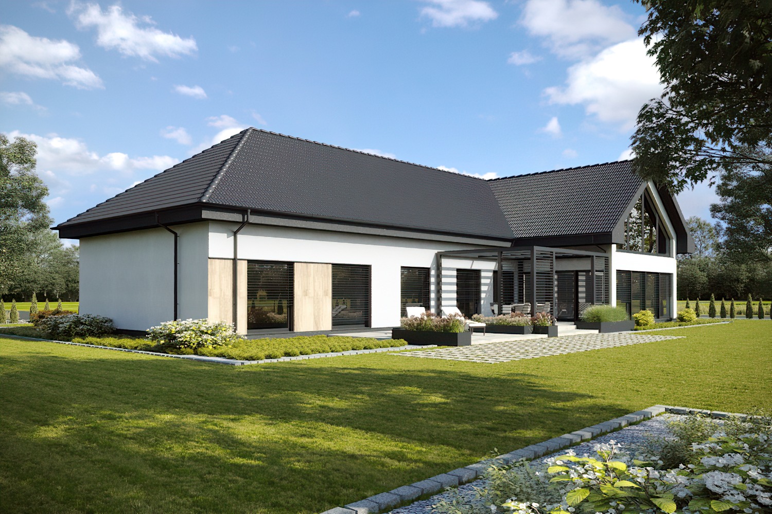 Wizualizacja nowoczesnego domu jednorodzinnego z czarnym dachem i białymi ścianami, widok z ogrodu z równo przystrzyżonym trawnikiem i elementami małej architektury.