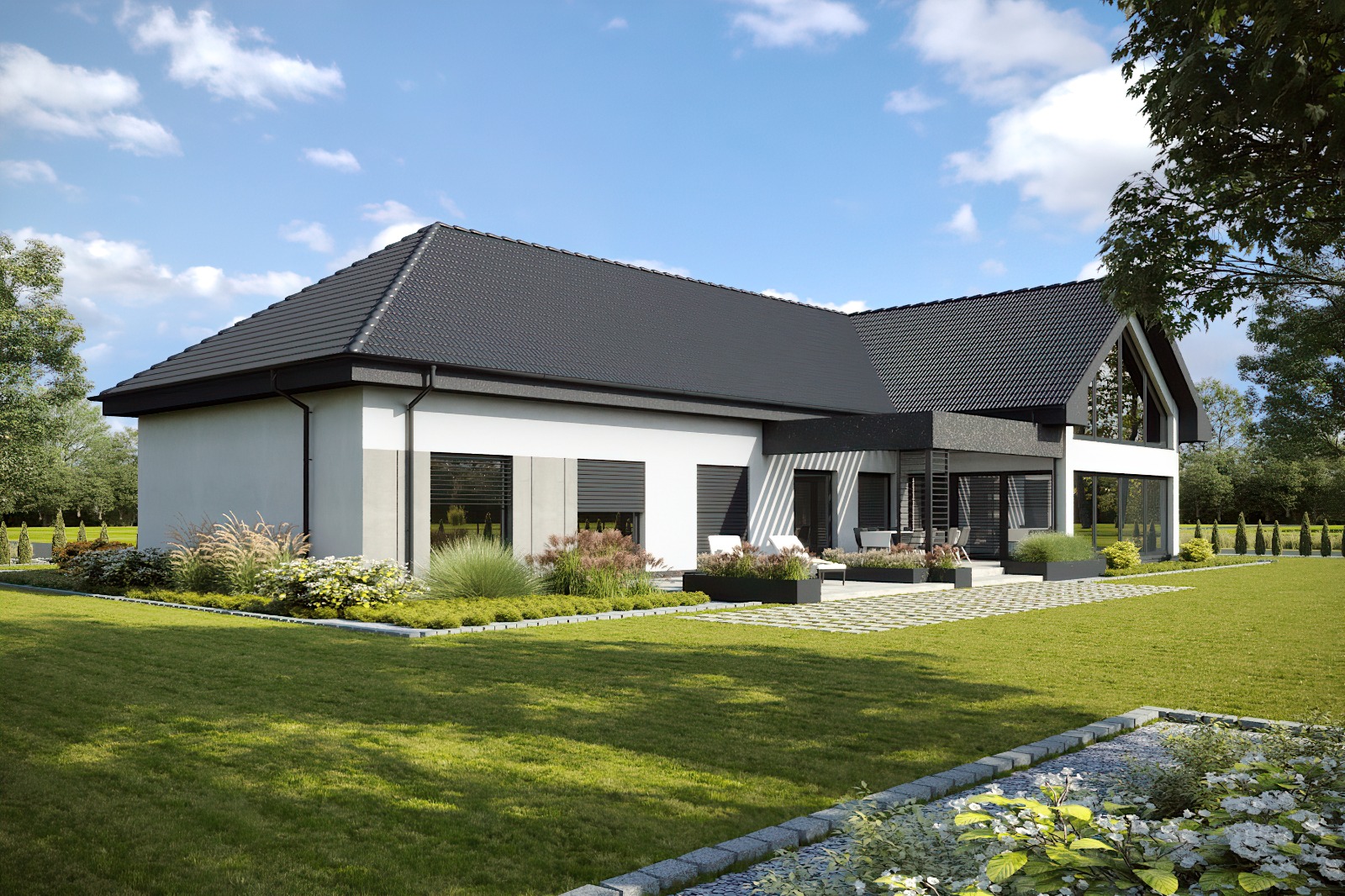 Wizualizacja nowoczesnego domu jednorodzinnego z ciemnoszarą dachówką, białymi ścianami z szarymi akcentami i dużymi oknami z roletami zewnętrznymi, otoczonego zielonym trawnikiem i starannie...