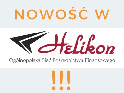 Grafika z logo firmy Helikon, ogólnopolskiej sieci pośrednictwa finansowego, z napisem 'NOWOŚĆ W' u góry i trzema pomarańczowymi wykrzyknikami na dole.