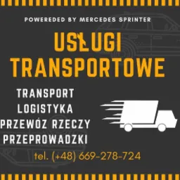 Grafika reklamowa usług transportowych z sylwetką Mercedes Sprintera, białym symbolem ciężarówki w ruchu i numerem telefonu.