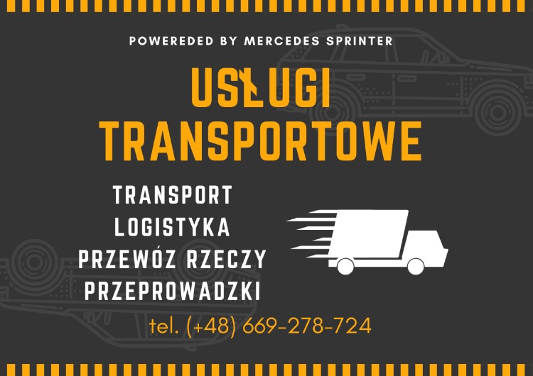 Grafika reklamowa usług transportowych z sylwetką Mercedes Sprintera, białym symbolem ciężarówki w ruchu i numerem telefonu.